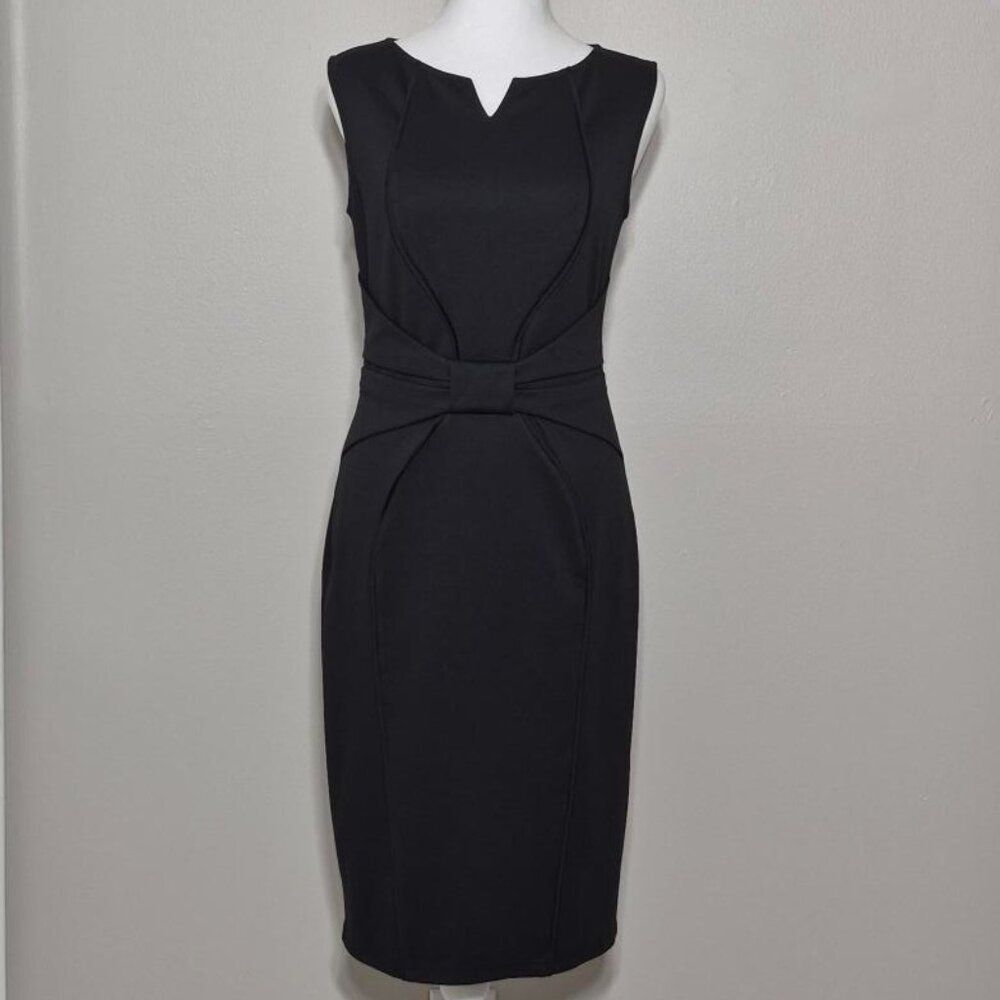 VFSHOW Women’s Black Notch Neck Bow Waist Sheath Dress Size Small